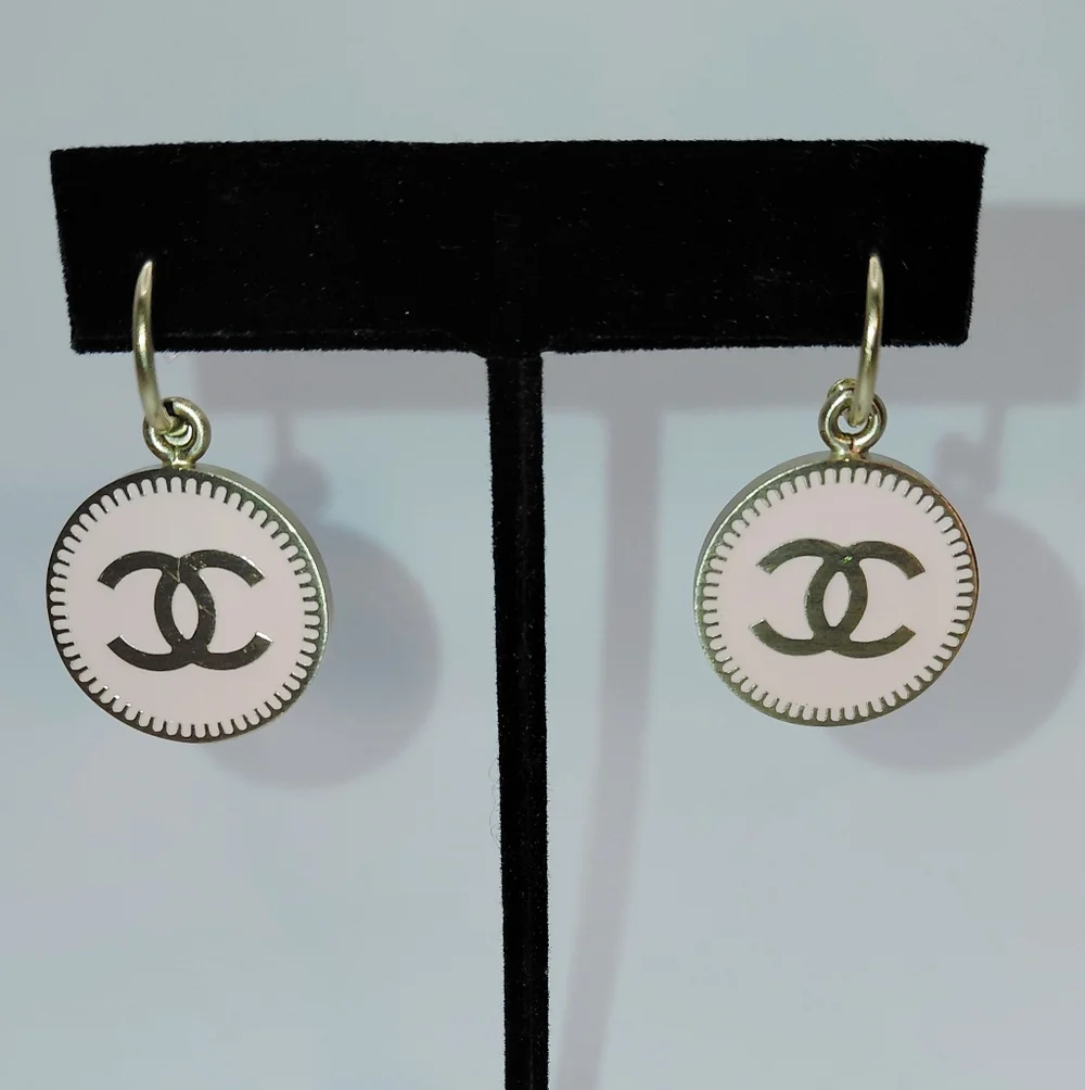 Auth CHANEL Gold & Pink CC Coco Camelia Dangle Drop Hoop Pierced Earrings EUC!